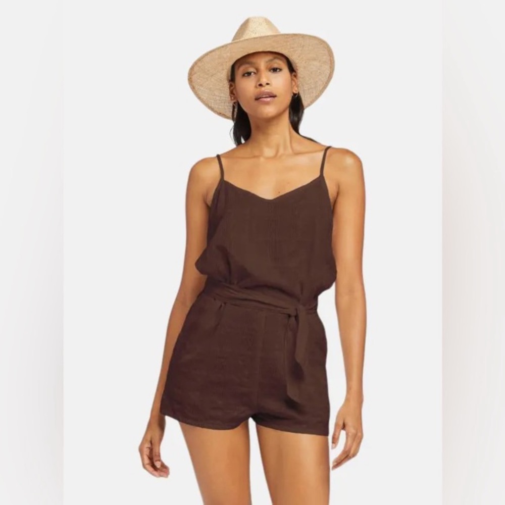 VITAMIN A Linen Gigi Swim Cover-Up Romper Brown size Large